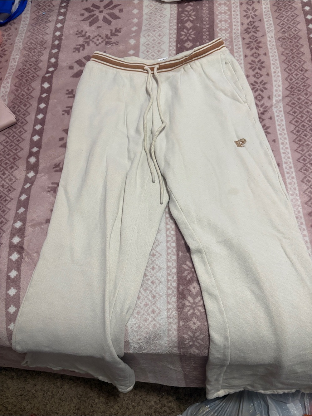 PINK Victoria's Secret Cream Drawstring Sweatpants with Tan Trim
